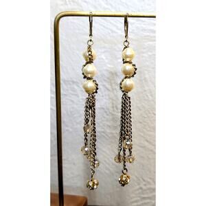 VTG Faux Pearl Crystal Disco Rhinestone Ball Chain Dangle Lever Back Earrings